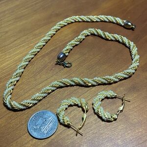 Elegant Vintage Gold-Toned and Faux Pearl Twisted Rope Necklace and Earring Set